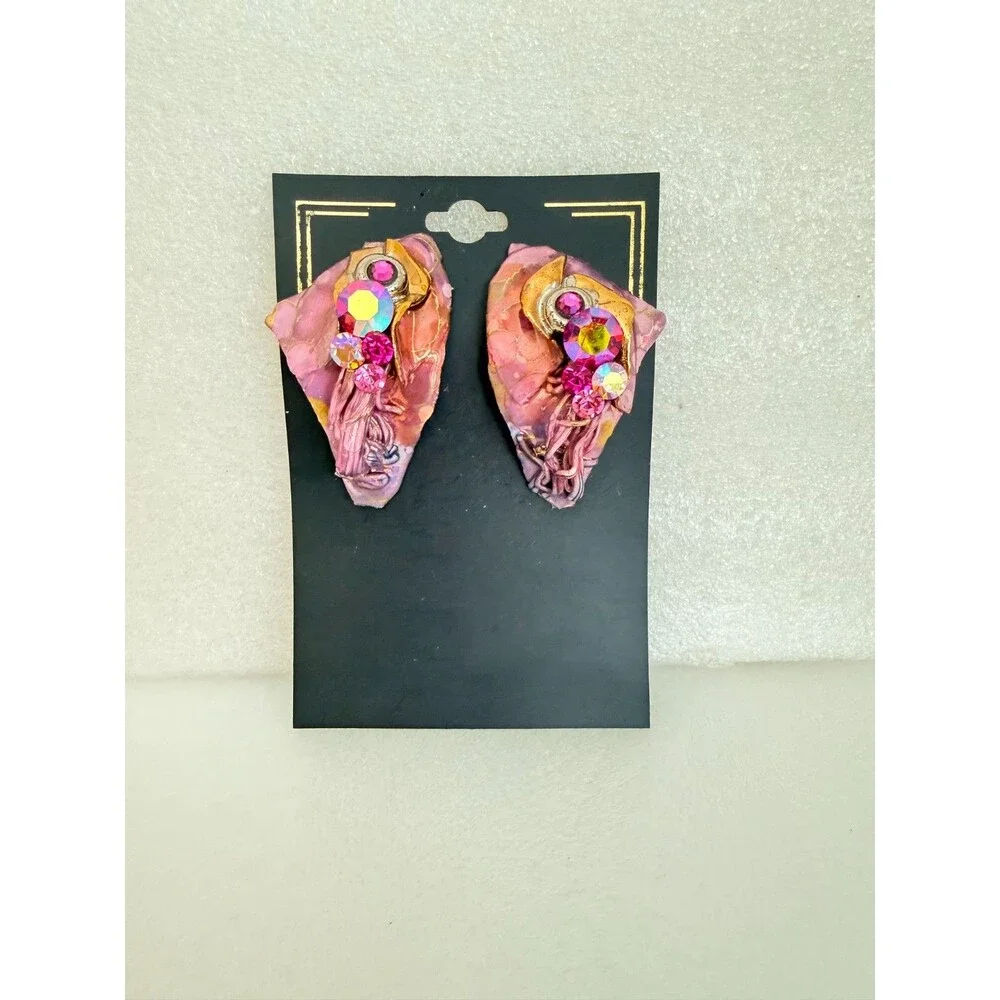 Vintage 1988 Lacombe Signed Abstract Mixed Media Clay Rhinestone Clip On Earring